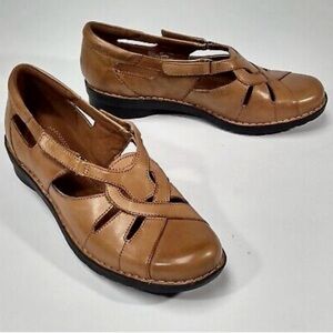 Clarks Bendables Leather Sandals Shoes Womens Camel Brown Tan Hook & loop